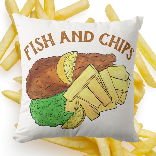 Fish and Chips Peas British Pub Restaurant Food Throw Pillow (Fish and Chips Pillow)