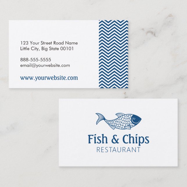 Fish and Chips Seafood Restaurant Nautical Chevron Business Card (Front/Back)