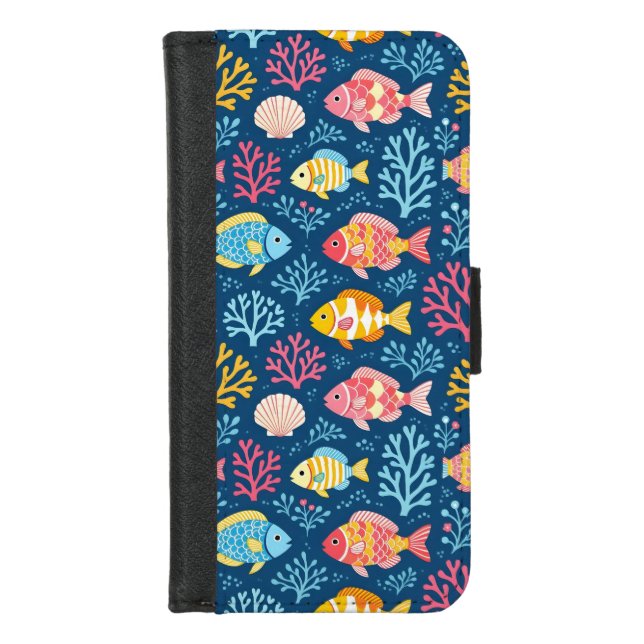 Fish and coral nautical blue iPhone wallet case (Front)