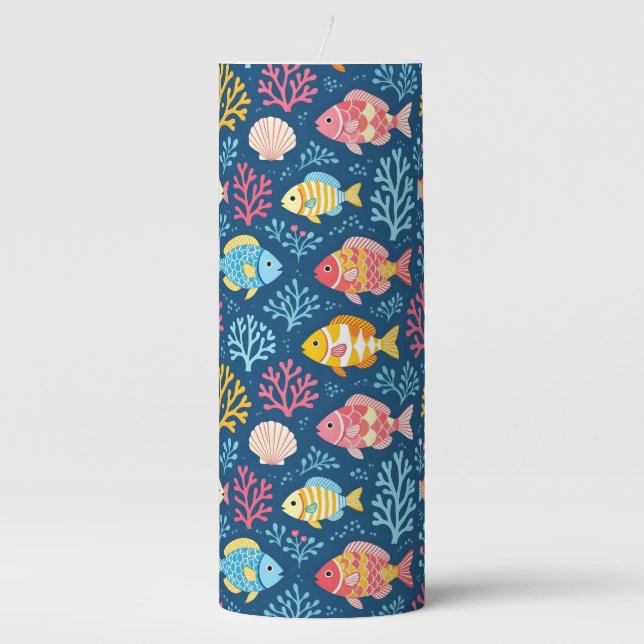 Fish and coral nautical blue pillar candle (Front)