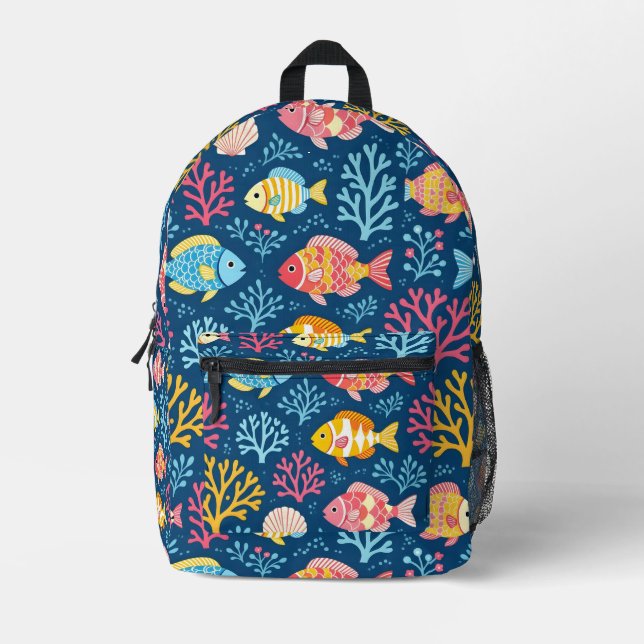 Fish and coral nautical blue printed backpack (Front)
