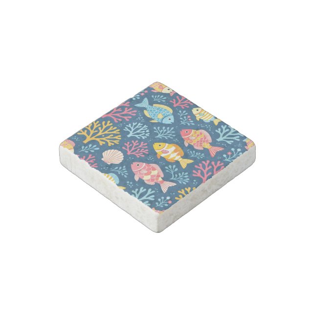 Fish and coral nautical blue stone magnet (Angled)