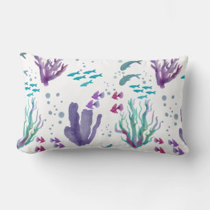 Fish and Coral Watercolor design Lumbar Pillow