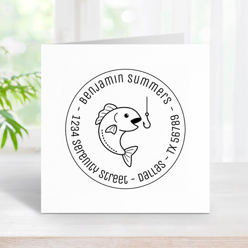 Fish and Fishing Hook Round Address Rubber Stamp