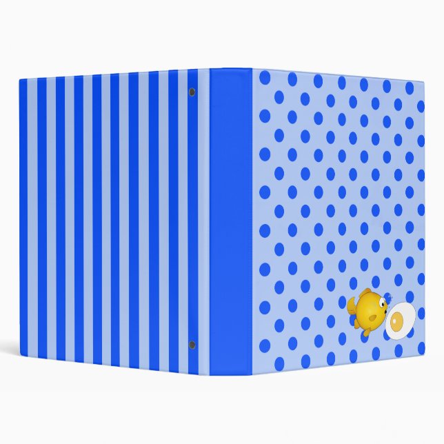 Fish and fried egg on blue polka dots and stripes binder (Background)