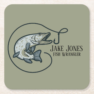 Fish and Hook Personalized Square Paper Coaster