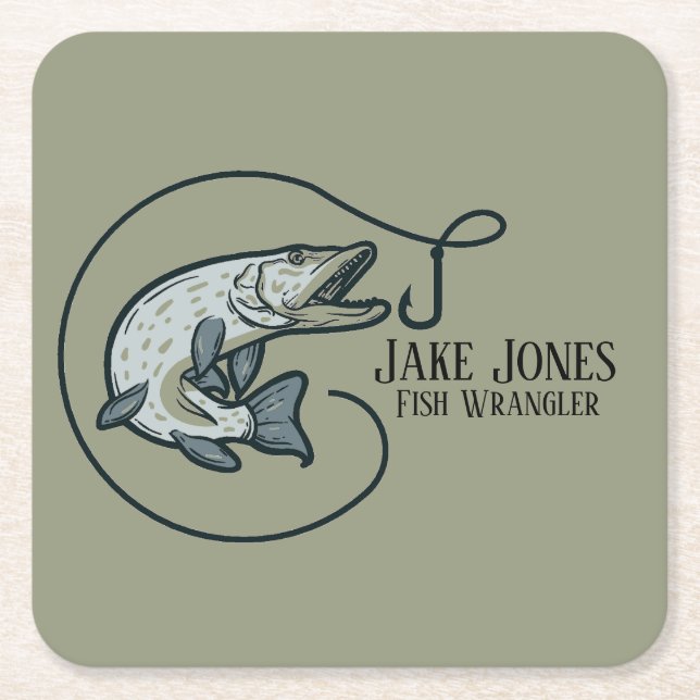 Fish and Hook Personalized Square Paper Coaster (Front)
