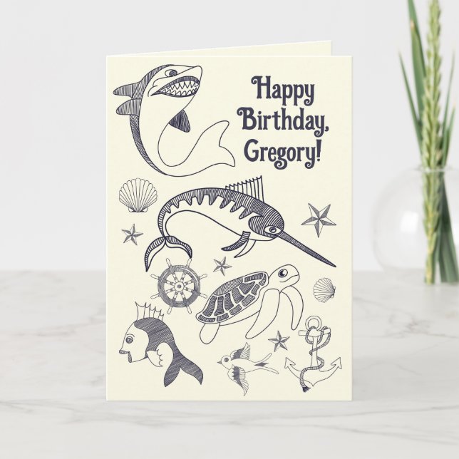Fish and Nautical Tattoos Ocean Themed Birthday Card (Front)