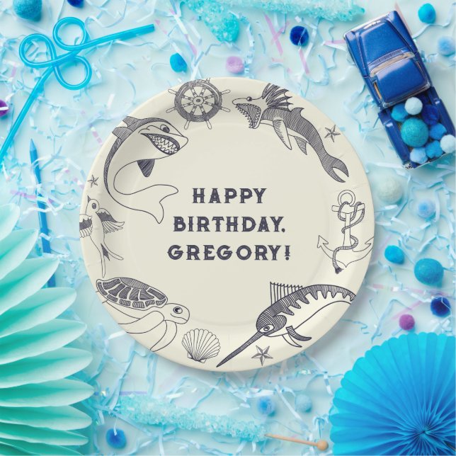 Fish and Nautical Tattoos Ocean Themed Party Paper Plates (Party)