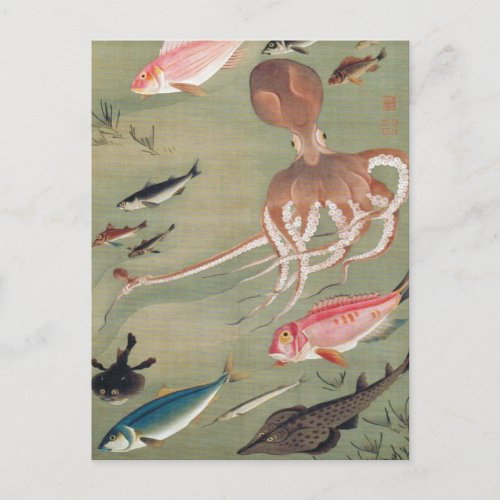 Fish and Octopus Marine Life Illustration Postcard