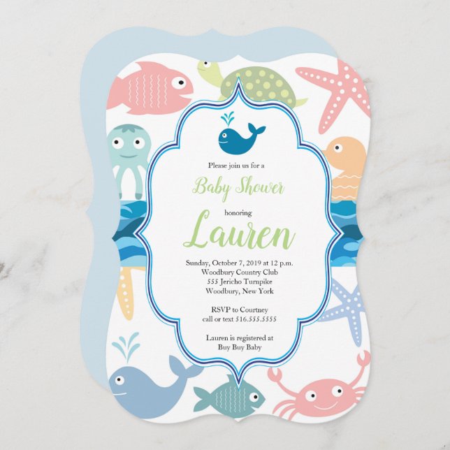 Fish and sea creatures baby shower invitation. invitation (Front/Back)