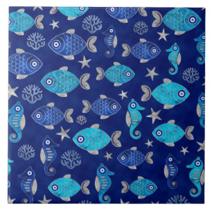 Fish and Seahorse Evil Eye Pattern Ceramic Tile
