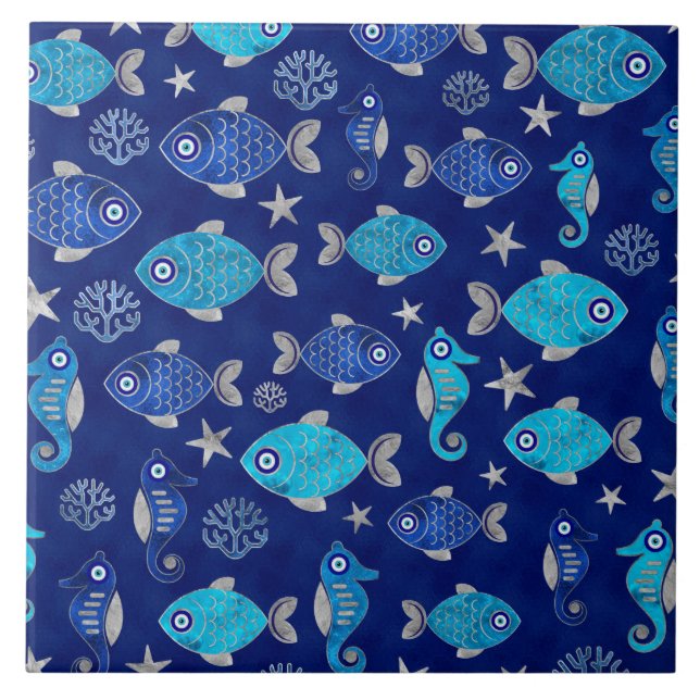 Fish and Seahorse Evil Eye Pattern Ceramic Tile (Front)