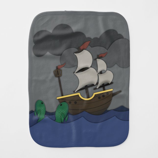 Fish and Ship/Pirate Baby Burp Cloth (Front)