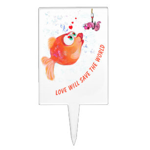 Fish and Worm Funny Cake Topper Your Text