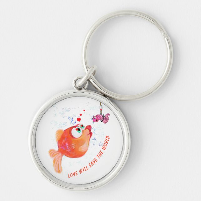 Fish and Worm Love Romantic Cartoon Keychain (Front)