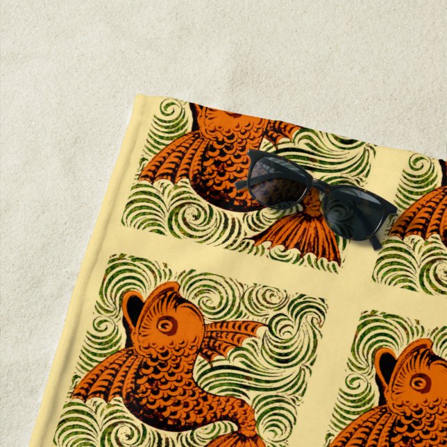 Fish Antique Tile Old art ancient Beach Towel (In Situ)