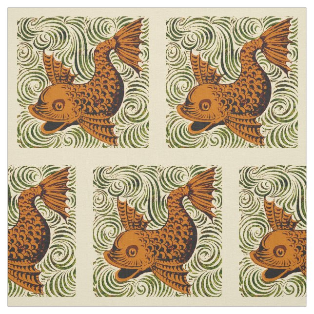 Fish Antique Tile Old art ancient de morgan art Fabric (Swatch)