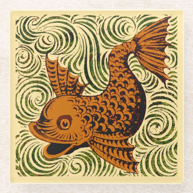 Fish Antique Tile Old art ancient de morgan art Glass Coaster (Front)