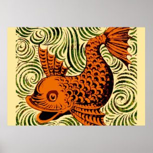 Fish Antique Tile Old art ancient de morgan art Poster