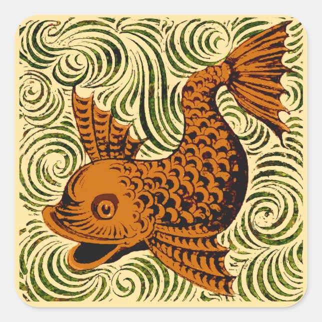Fish Antique Tile Old art ancient de morgan art Square Sticker (Front)