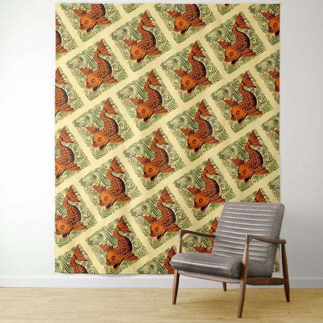 Fish Antique Tile Old art ancient de morgan art Tapestry (In Situ)