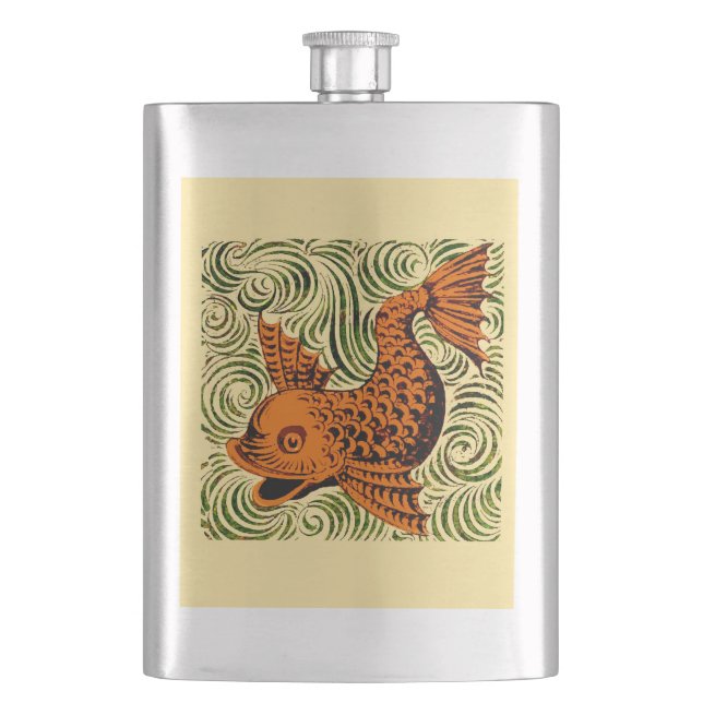 Fish Antique Tile Old art ancient Flask (Front)