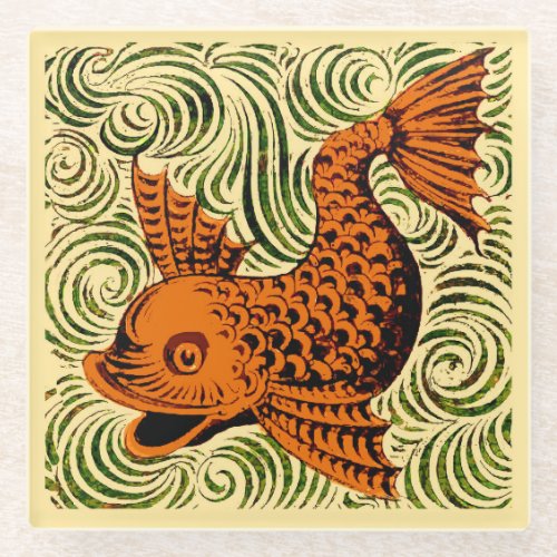 Fish Antique Tile Old art ancient Glass Coaster