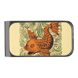 Fish Antique Tile Old art ancient Gunmetal Finish Money Clip