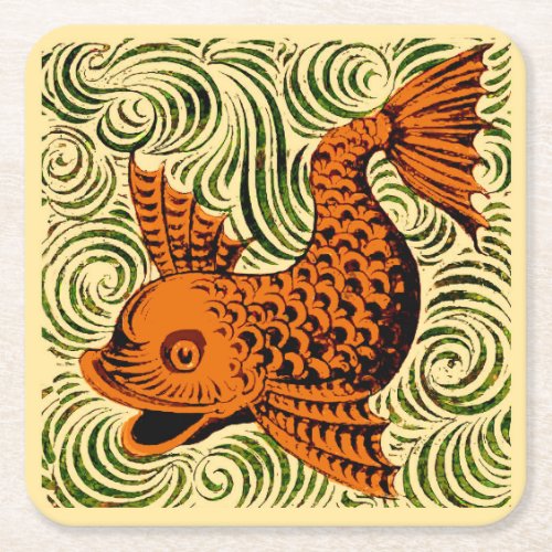 Fish Antique Tile Old art ancient Square Paper Coaster