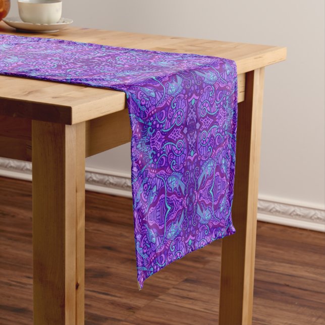 Fish Arabesque Underwater Bohemian Pattern Purple Short Table Runner (In Situ)