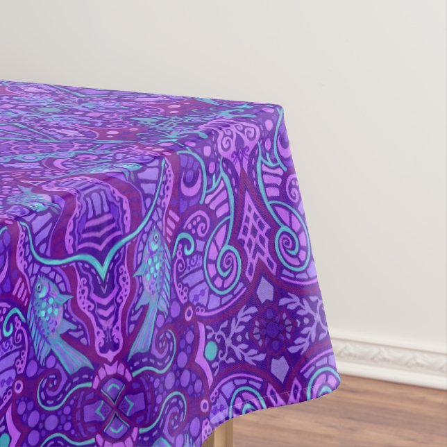 Fish Arabesque Underwater Bohemian Pattern Purple Tablecloth (In Situ)