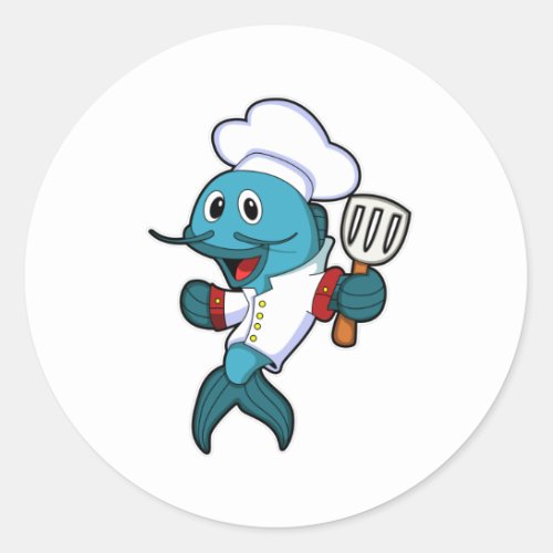 Fish as Cook with Cooking apron  Spatula Classic Round Sticker