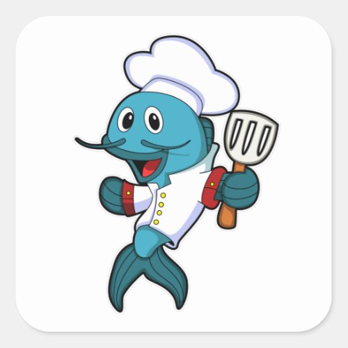 Fish as Cook with Cooking apron  Spatula Square Sticker