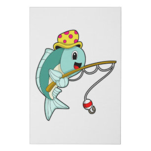Fish at Fishing with Fishing rod & Hat Faux Canvas Print