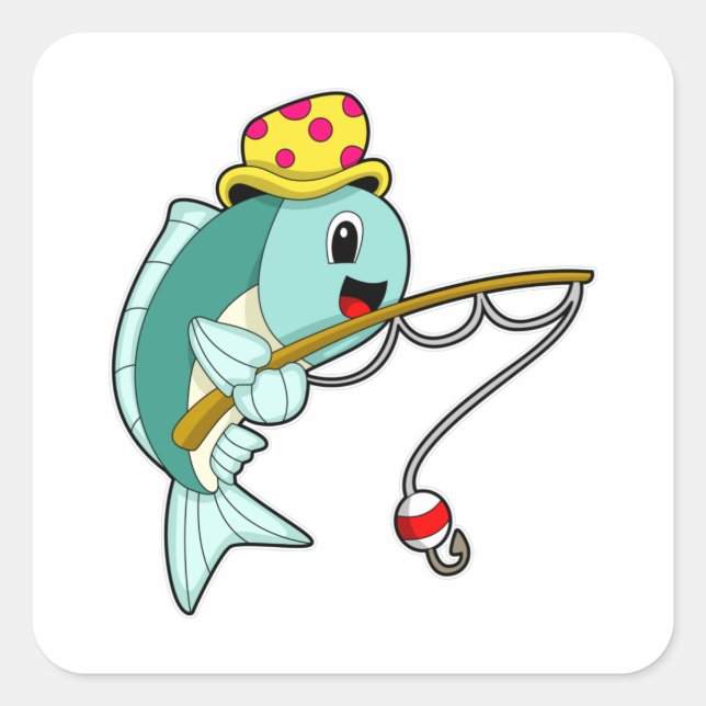 Fish at Fishing with Fishing rod & Hat Square Sticker (Front)