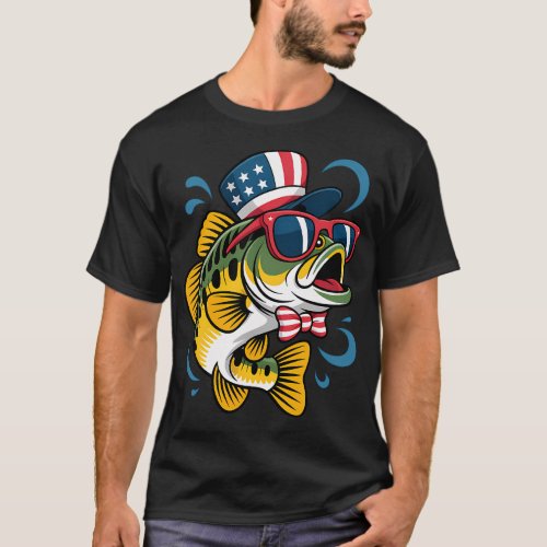 Fish Bass American Flag Fisherman 4Th Of July T-Shirt