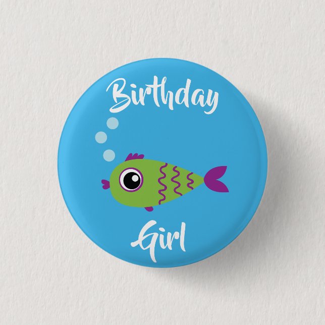 Fish Birthday Girl Kid's Button Pin (Front)