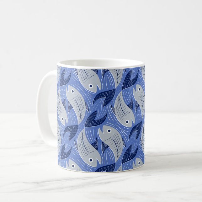 Fish block print - blue coffee mug (Front Left)