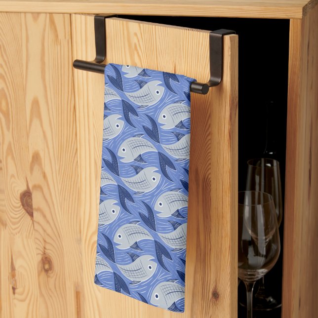 Fish block print - blue kitchen towel (Thirds Fold)