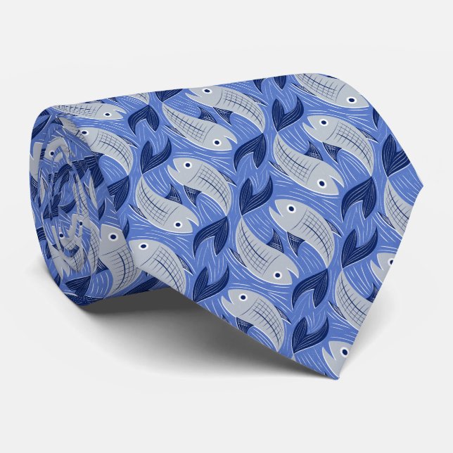 Fish block print - blue neck tie (Rolled)