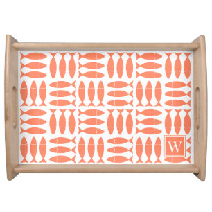 Fish Block Print Nautical - Coral & White Monogram Serving Tray