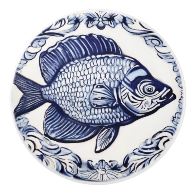 Fish Blue and White Sea & Ocean Right facing Ceramic Knob (Front)