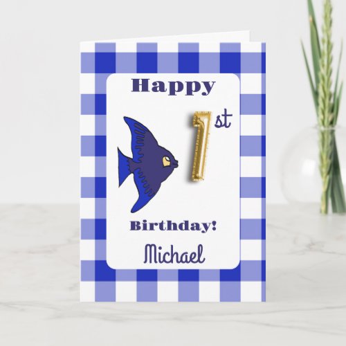 Fish  Blue Gingham Balloon Number 1st Birthday Card