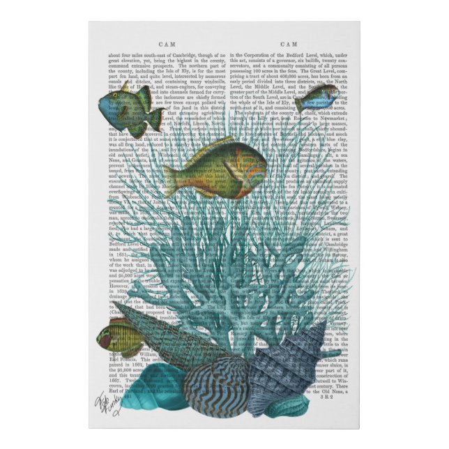 Fish, Blue Shells and Corals Faux Canvas Print (Front)