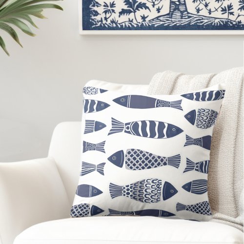 Fish Blue White Coastal Throw Pillow