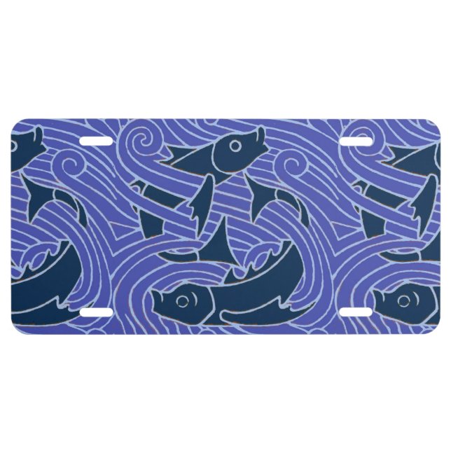 Fish Bold Swimming Ocean Blue Fishing License Plate (Front)