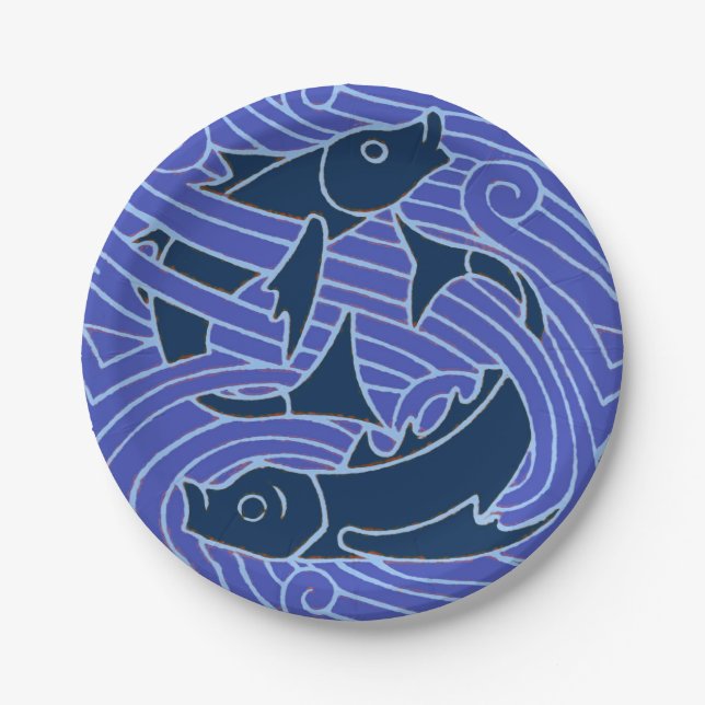 Fish Bold Swimming Ocean Blue Fishing Paper Plates (Front)
