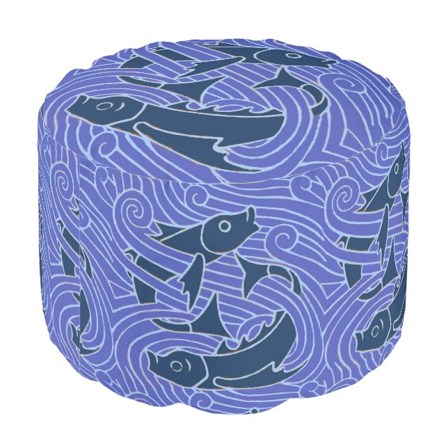 Fish Bold Swimming Ocean Blue Fishing Pouf (Angled Back)