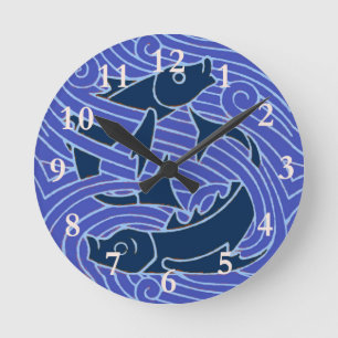 Fish Bold Swimming Ocean Blue Fishing Round Clock